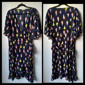 💜3/$25 NWOT Loralette 26/28 Black Ruffle Ice Cream Print Wrap Dress